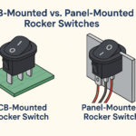 Comparison of PCB-mounted and panel-mounted rocker switches with labeled illustrations showing installation differences
