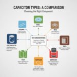 Infographic comparing 7 capacitor types including ceramic, electrolytic, film, tantalum, mica, and supercapacitor with key selection considerations like capacitance, voltage, polarity, ESR, size, and cost