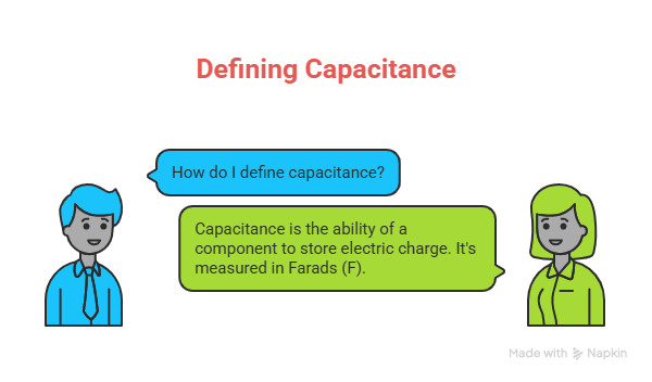 FAQ illustration showing two people in conversation defining capacitance — capacitance is the ability of a component to store electric charge, measured in Farads (F)