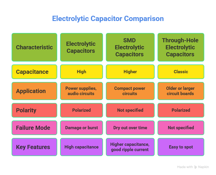 Comparison table of electrolytic capacitor types showing characteristics, capacitance, application, polarity, failure mode, and key features for standard electrolytic, SMD electrolytic, and through-hole electrolytic capacitors