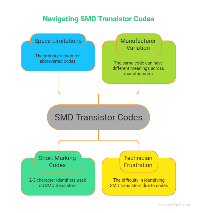 “Infographic explaining SMD transistor codes, short marking codes, manufacturer variation, and identification challenges.”