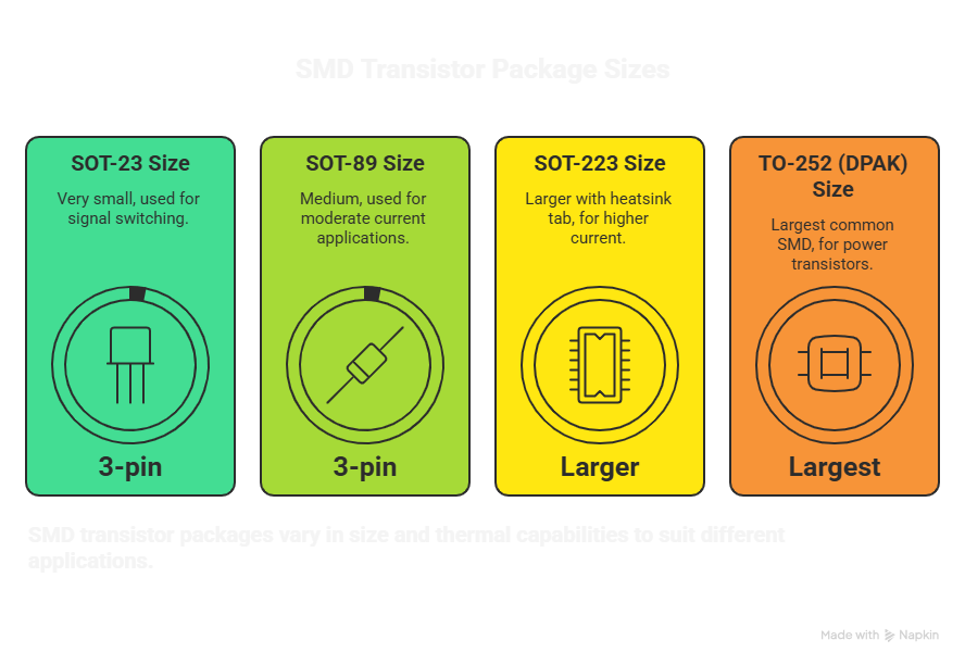 “Infographic showing SMD transistor package sizes including SOT-23, SOT-89, SOT-223, and TO-252 (DPAK) with size and application comparison.”