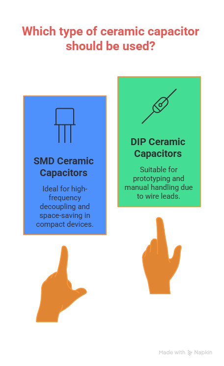Infographic comparing SMD ceramic capacitors and DIP ceramic capacitors — SMD ideal for high-frequency decoupling in compact devices, DIP suitable for prototyping and manual handling with wire leads