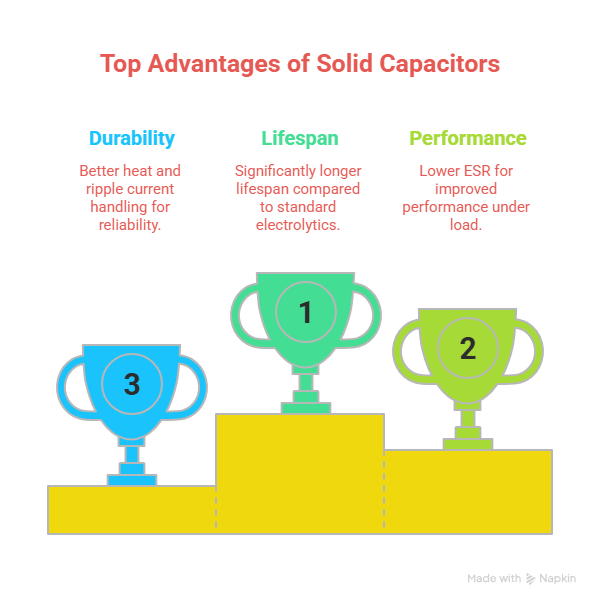 Trophy podium infographic showing top 3 advantages of solid capacitors — first place lifespan with longer life than standard electrolytics, second place performance with lower ESR under load, and third place durability with better heat and ripple current handling
