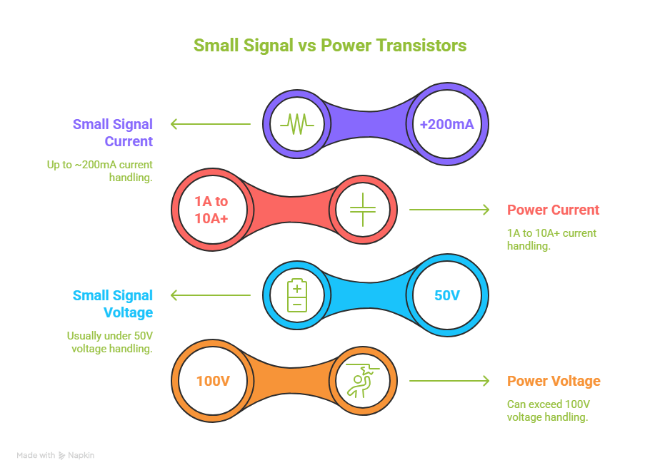 Infographic comparing small signal vs power transistors showing current and voltage handling ranges including up to 200mA, 1A to 10A+, 50V and 100V ratings smd transistor