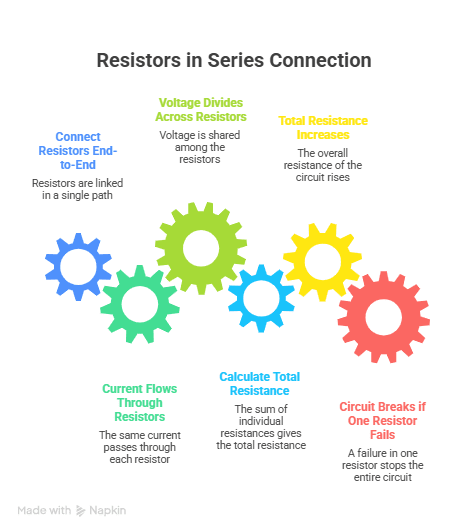 Infographic explaining resistors in series connection showing voltage division, constant current flow, and total resistance calculation in electronic circuits