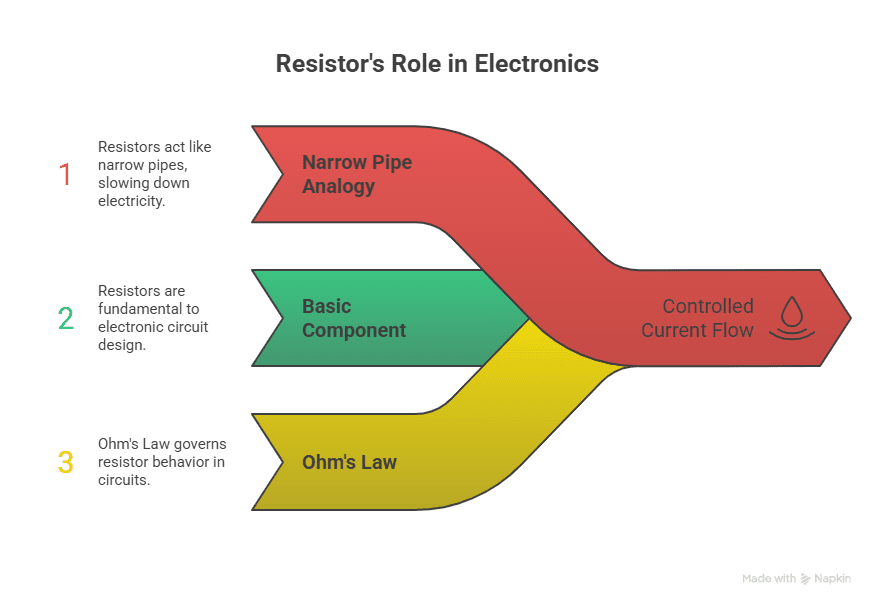 Diagram explaining the role of resistors in electronics including narrow pipe analogy, basic circuit component function, and Ohm's Law controlling current flow