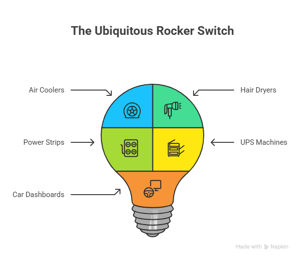 Rocker switch applications in electronic devices including air coolers, hair dryers, UPS machines, power strips, and car dashboards