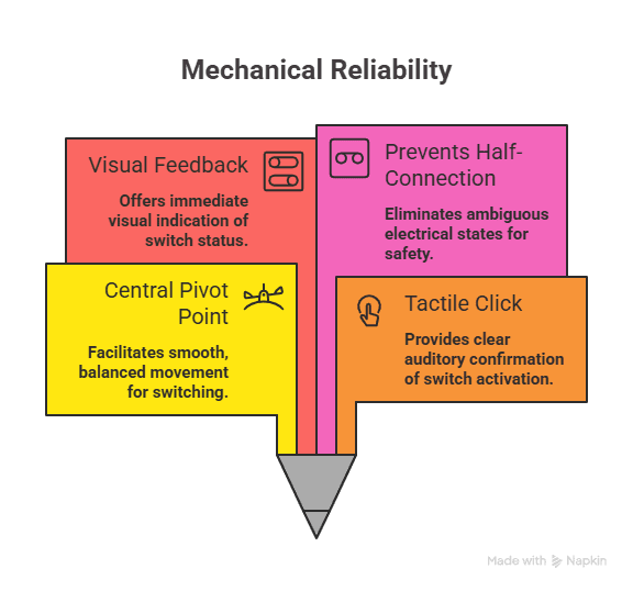 Rocker switch mechanical reliability diagram showing visual feedback, central pivot point, tactile click, and prevention of half connection