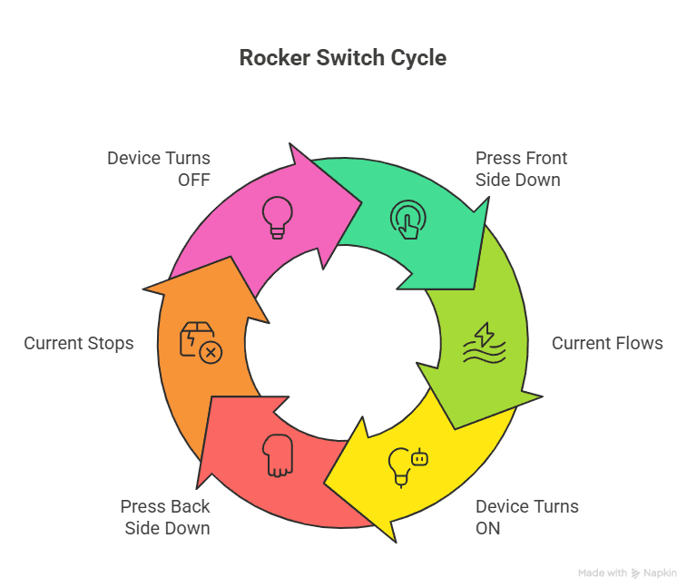 Rocker switch working cycle diagram showing how pressing the switch controls current flow and turns devices on and off
