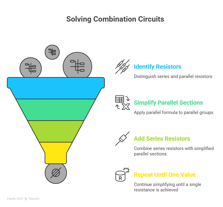 Infographic explaining how to solve series and parallel resistor combination circuits by identifying resistors, simplifying parallel sections, and adding series resistors