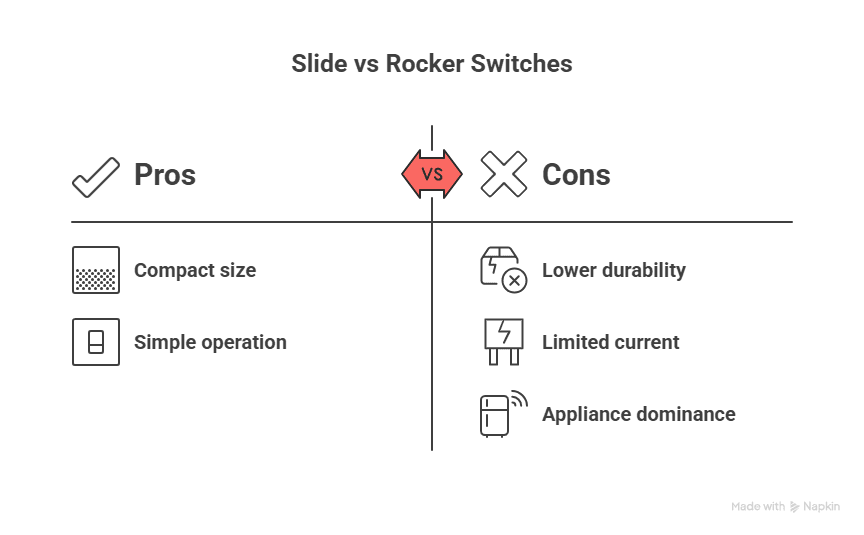 Slide switch vs rocker switch comparison showing pros and cons including compact size, simple operation, lower durability, and limited current capacity
