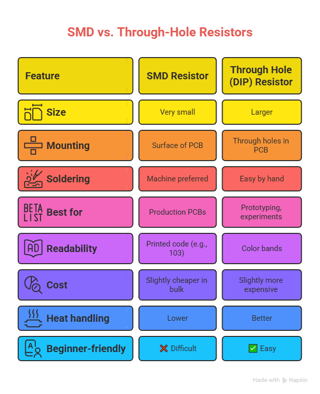 Comparison chart of SMD resistors vs through-hole DIP resistors showing differences in size, mounting, soldering method, cost, heat handling, and beginner friendliness