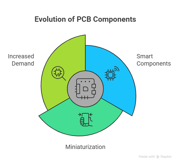 PCB components evolution diagram with smart electronics and miniaturization trends