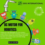 DC motor for robotics illustration with colorful robots and industrial robotic arm showcasing DDS International branding