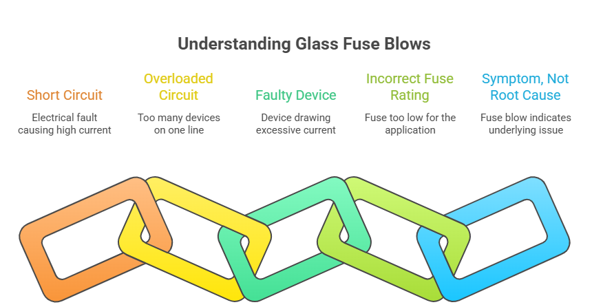 Infographic titled “Understanding Glass Fuse Blows” showing interconnected causes of fuse failure, including short circuit, overloaded circuit, faulty device, incorrect fuse rating, and the concept that a blown fuse is a symptom rather than the root cause