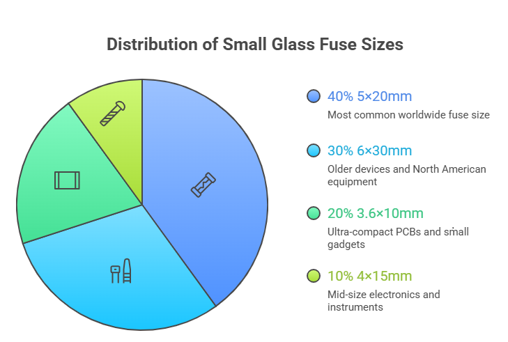 Pie chart showing common small glass fuse sizes including 5x20mm, 6x30mm, 3.6x10mm and 4x15mm fuse dimensions