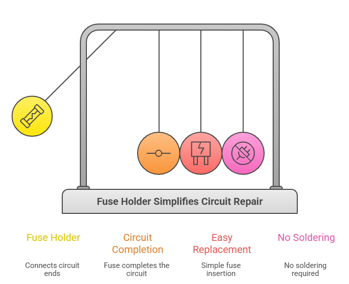 Fuse holder working diagram showing circuit completion, easy fuse replacement and solder-free installation process