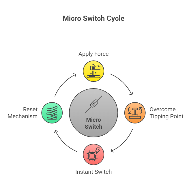 Micro switch working cycle diagram showing apply force, tipping point activation, instant switching and reset mechanism process