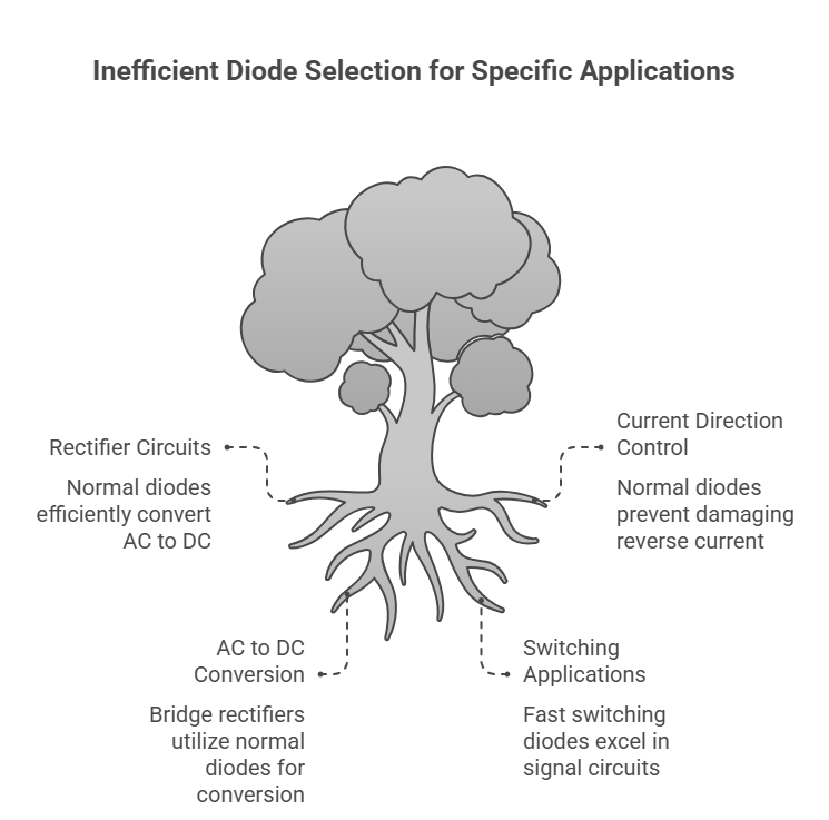 Diode applications diagram showing rectifier circuits, AC to DC conversion, current direction control and switching applications