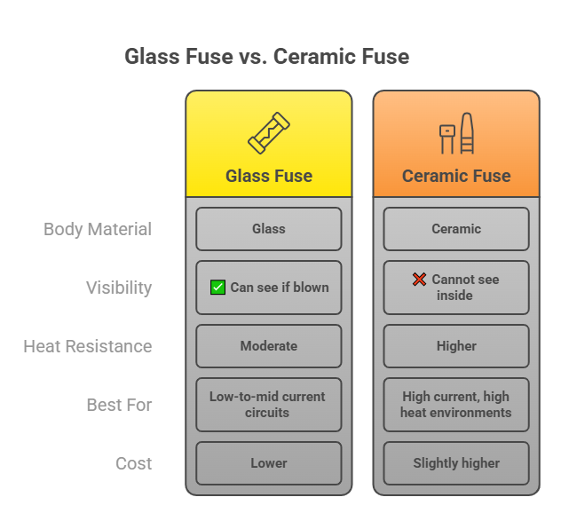 Glass fuse vs ceramic fuse comparison chart showing differences in material, visibility, heat resistance, applications and cost