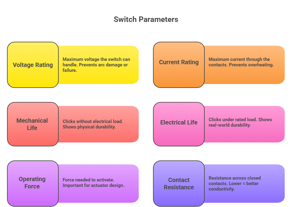 Switch parameters chart showing voltage rating, current rating, mechanical life, electrical life, operating force and contact resistance