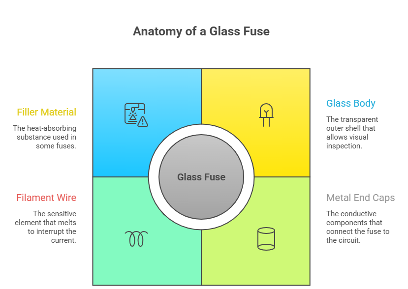 Glass fuse anatomy diagram showing filler material, glass body, filament wire and metal end caps components