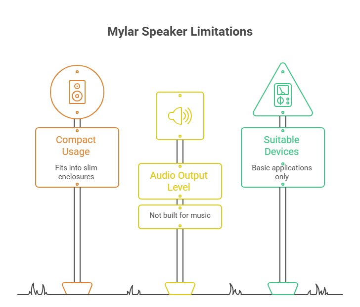 Mylar speaker limitations diagram showing compact design, limited audio output and suitability for basic electronic devices