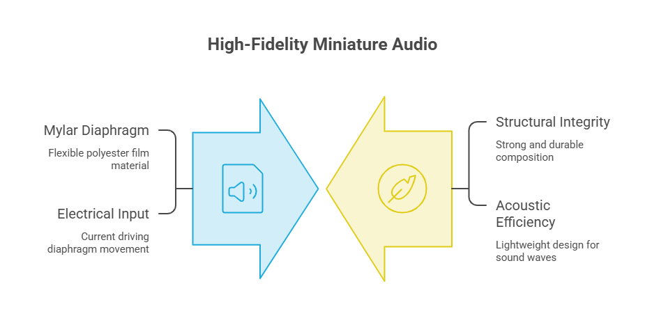 Mylar speaker working principle diagram showing electrical input, Mylar diaphragm vibration, acoustic efficiency and sound output generation
