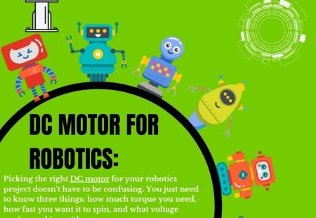 DC motor for robotics illustration with colorful robots and industrial robotic arm showcasing DDS International branding