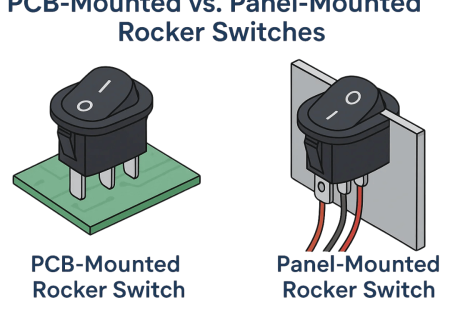 Comparison of PCB-mounted and panel-mounted rocker switches with labeled illustrations showing installation differences