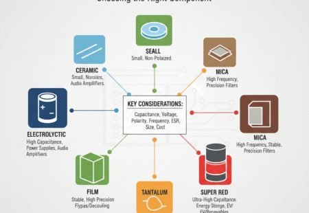 Infographic comparing 7 capacitor types including ceramic, electrolytic, film, tantalum, mica, and supercapacitor with key selection considerations like capacitance, voltage, polarity, ESR, size, and cost