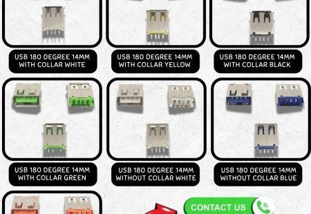 USB 180 degree 14mm PCB socket connectors with multiple color collars including white, yellow, black, green, blue, and orange by Edzeal DDS International